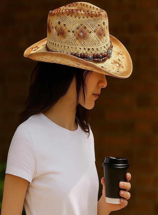 TNDCKP Straw Cowboy Hats for Men and Women - Breathable UV Protection, Adjustable Lightweight Design with Removable Hatband, Versatile All-Season Western Hat for Any Occasion - Image 2